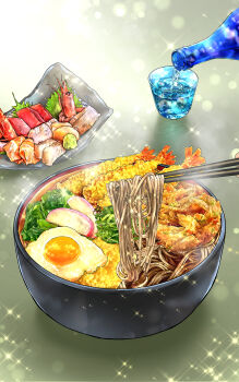 absurdres bowl chopsticks commentary_request cup drink egg_(food) fish_(food) food food_focus fried_egg highres kurumiri_ryo no_humans noodles original pouring seafood shrimp shrimp_tempura tempura wasabi