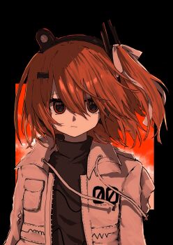1girl a.i._voice absurdres adachi_rei black_shirt closed_mouth drawstring highres jacket l_mipa looking_at_viewer one_side_up open_clothes open_jacket orange_eyes orange_hair shirt solo upper_body utau white_jacket