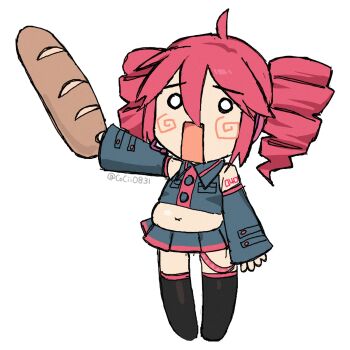 1girl arm_up baguette bare_shoulders belly black_shirt black_skirt black_sleeves black_thighhighs bread breast_pocket chibi chibi_only commentary danchoo detached_sleeves drill_hair fatass_teto_(meme) food full_body hair_between_eyes highres holding holding_food holding_spring_onion holding_vegetable kasane_teto kasane_teto_(utau) leekspin_(meme) long_sleeves meme navel number_tattoo o_o open_mouth parody pocket red_hair shirt simple_background skirt sleeveless sleeveless_shirt solo spring_onion standing tattoo thighhighs twin_drills twitter_username utau vegetable white_background
