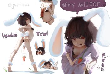 ! 1girl absurdres animal_ears arched_back ass between_breasts bikini black_hair breasts carrot character_name clothes_pull downblouse dress dress_pull english_text flashing flat_chest highres inaba_tewi large_ears loli micro_bikini petricpwnz pink_dress rabbit_ears rabbit_girl rabbit_tail red_eyes short_hair simple_background simulated_paizuri swimsuit tail touhou twitter_username white_background