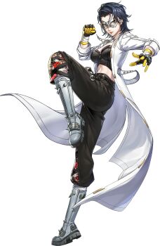 1girl artist_request black_hair black_pants blitz_(p5x) boots breasts brown_eyes cleavage ear_piercing eye_mask gloves highres jacket jewelry katayama_kumi leg_up mask midriff necklace official_art pants persona persona_5 persona_5:_the_phantom_x piercing solo spiked_boots third-party_source transparent_background white_jacket