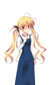 1girl antenna_hair black_bow blonde_hair blue_dress blue_trim bow breasts brown_eyes casual chaos;head crazy_eyes crazy_smile dress game_cg hair_bow hand_on_own_chest long_hair looking_at_viewer matsuo_yukihiro non-web_source official_art orihara_kozue pinafore_dress science_adventure shirt sleeveless sleeveless_dress small_breasts smile solo sprite t-shirt transparent_background twintails very_long_hair