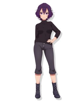 1girl black_pants boots breasts closed_mouth full_body glasses hair_between_eyes hand_on_own_hip highres hiiragi_noa_(world_dai_star) long_sleeves looking_at_viewer messy_hair official_art pants purple_eyes purple_hair short_hair smile solo standing sweater transparent_background turtleneck world_dai_star