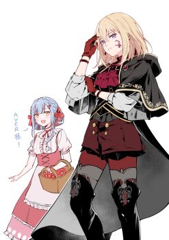 2girls absurdres apron ascot aver_(yumenokessho) bang_dream! bang_dream!_it's_mygo!!!!! basket black_boots black_cloak blonde_hair blue_hair boots bow cloak commentary_request doloris_(bang_dream!) dress facial_mark food fruit fruit_basket gloves hair_bow hair_ornament hairclip hand_on_own_arm highres hood hood_down hooded_cloak looking_at_viewer misumi_uika multiple_girls ouji_fashion pantyhose pantyhose_under_shorts puffy_short_sleeves puffy_sleeves purple_eyes red_ascot red_bow red_dress red_gloves red_shorts sen_jin_chen short_sleeves shorts simple_background strawberry sweets_paradise thigh_boots togawa_sakiko white_apron white_background yellow_eyes yumenokessho
