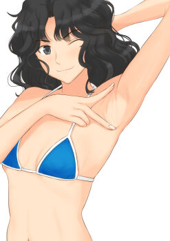 Rule 34 | 1girl, amagami, arm behind head, armpits, bikini, black eyes, black hair, blue bikini, commentary request, halterneck, highres, long hair, looking at viewer, navel, one eye closed, presenting armpit, simple background, smile, solo, swimsuit, takemi kaoru, tanamachi kaoru, v, white background