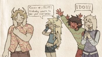 ! !! ._. 2boys 2girls :d ^_^ animal_ears antlers arm_up arm_warmers asgore_dreemurr bare_shoulders blonde_hair blue_shirt blue_shorts blue_skirt blue_streaks blue_sweater_vest breasts brown_hair brown_pants carol_holiday closed_eyes colored_pencil_(medium) commentary deer_antlers deer_boy deer_ears deer_girl deltarune denim denim_shorts english_commentary english_text fang floral_print floral_print_shirt flower frown furry furry_female furry_male goat_boy goat_ears goat_girl goat_horns graphite_(medium) green_sweater hand_in_pocket highres horns long_hair medium_breasts midriff multicolored_hair multiple_boys multiple_girls navel open_mouth own_hands_together pants pleated_skirt raccoon_tails_(hairstyle) rudolph_holiday shared_speech_bubble shirt short_hair shorts sidelocks skin_fang skirt sleeveless sleeveless_shirt small_breasts smile speech_bubble streaked_hair striped_arm_warmers sweatdrop sweater sweater_vest szivarvanyturmix02 toriel traditional_media two-tone_hair upper_body utdr_(toby_fox) white_flower white_hair white_shirt