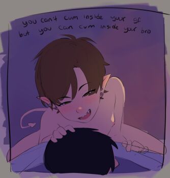 2boys bed black_hair blush brown_hair completely_nude demon demon_boy demon_tail earrings english_text jewelry lying male_focus male_penetrated multiple_boys nipples nude okymir on_bed on_stomach original pointy_ears short_hair shota sleep_molestation sleeping smile tail under_covers yaoi