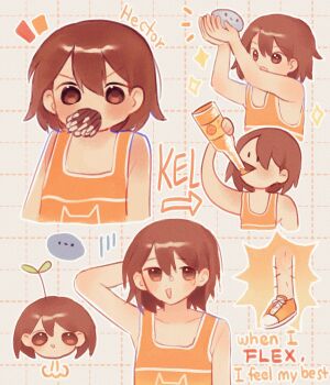 1boy alternate_eye_color arm_behind_head arm_up arrow_(symbol) bottle brown_eyes brown_hair character_name chibi closed_mouth collarbone commentary dark-skinned_male dark_skin double-parted_bangs english_commentary english_text food food_in_mouth hair_between_eyes hector_(omori) highres holding holding_bottle kel_(faraway)_(omori) kel_(omori) looking_at_viewer male_focus omo_taru omori open_mouth pet_rock pocky pocky_in_mouth short_hair solo