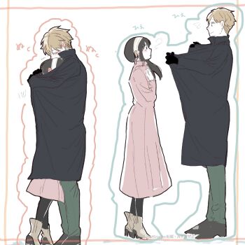 1boy 1girl 646nacho black_coat black_gloves black_hair black_shoes blonde_hair blush boots brown_boots coat commentary_request couple ear_blush gloves green_pants hairband high_heels highres hug long_sleeves looking_at_another open_clothes open_coat pants pantyhose parted_lips pink_coat shoes short_hair_with_long_locks smile spy_x_family twilight_(spy_x_family) white_hairband yor_briar