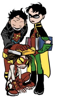 3boys bart_allen black_hair blue_eyes bodysuit book brown_hair cape dc_comics goggles impulse jacket kon-el male_focus mask multiple_boys robin_(dc) split-toe_footwear superboy jika-tabi tim_drake transparent_background yellow_eyes young_justice