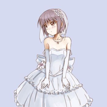 Rule 34 | 1girl, bare shoulders, blush, bridal veil, dress, elbow gloves, female focus, frills, gloves, imageboard colors, jewelry, nagato yuki, necklace, pas (paxiti), pearl necklace, purple hair, short hair, simple background, solo, strapless, strapless dress, suzumiya haruhi no yuuutsu, veil, wedding dress, white dress, white gloves, yellow eyes