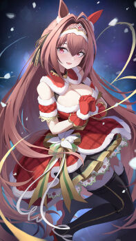 Rule 34 | 1girl, absurdres, animal ears, arm garter, black boots, blush, boots, breasts, brown hair, chinese commentary, cleavage, commentary, daiwa scarlet (scarlet nuit etoile) (umamusume), daiwa scarlet (umamusume), dress, ear covers, fur-trimmed dress, fur-trimmed gloves, fur armlet, fur trim, gloves, hair between eyes, hair intakes, highres, horse ears, horse girl, horse tail, interlocked fingers, large breasts, long hair, looking at viewer, official alternate costume, open mouth, plaid clothes, plaid dress, red dress, red eyes, red gloves, santa costume, santa dress, single ear cover, smile, solo, tail, thigh boots, thighhighs, tiara, umamusume, very long hair, white thighhighs, ye yemail