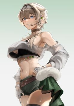 1girl absurdres black_nails black_sports_bra blonde_hair blue_eyes breasts choker commentary cowboy_shot cropped_shirt fingerless_gloves gloves goddess_of_victory:_nikke green_shorts grin hair_ears headband headset highres idol kkaijju large_breasts mole mole_under_eye navel prika_(nikke) shirt shorts smile solo sports_bra standing thighs white_headband white_shirt
