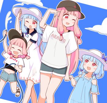 Rule 34 | 4girls, aged down, alternate costume, alternate hair length, alternate hairstyle, blue dress, blue hair, blunt bangs, clothing cutout, commentary request, denim, denim shorts, dress, dual persona, dutch angle, feet out of frame, hand up, hat, highres, himajin narou, holding, holding hands, holding hose, hose, kotonoha akane, kotonoha aoi, long hair, looking at another, low-tied sidelocks, multiple girls, one eye closed, pink hair, playing, pointing, pointing at self, red eyes, running, sailor dress, shirt, short shorts, short sleeves, shorts, shoulder cutout, sidelocks, standing, sun hat, sundress, t-shirt, v-shaped eyebrows, voiceroid, water, white dress, white shirt