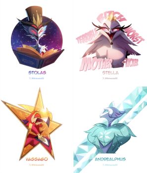 1girl 3boys :d absurdres andrealphus_(helluva_boss) artist_name beak bird_boy bird_girl black_hat blue_eyes blue_hair book breasts cape character_name colored_sclera cropped_torso crown demon_boy english_text furry furry_female furry_male glowing glowing_eyes grimmie02 hair_slicked_back hat hellaverse helluva_boss highres jacket juliet_sleeves long_sleeves male_focus medium_breasts multiple_boys open_book open_mouth puffy_sleeves red_cape red_eyes red_hair red_jacket red_sclera shirt short_hair simple_background smile star_(symbol) stella_(helluva_boss) stolas_(helluva_boss) tongue top_hat upper_body vassago_(helluva_boss) white_background white_eyes white_shirt