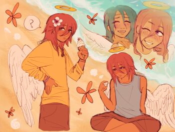 Rule 34 | 1girl, angel, angel devil's lover, angel devil (chainsaw man), angel wings, beach, chainsaw man, closed eyes, commentary, couple, english commentary, facial tattoo, flower, food, halo, hand on another's shoulder, hand on own hip, highres, holding, holding food, ice cream, long hair, ocean, one eye closed, orange hair, sk8rrr, smile, spoilers, straight hair, tattoo, wavy hair, wings