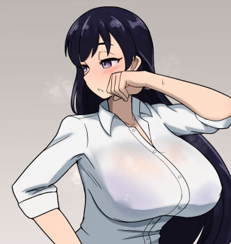 1girl arato_nagi black_hair bra breasts female_focus grey_background hand_on_own_face huge_breasts long_hair looking_afar looking_to_the_side parted_lips purple_bra purple_eyes ruri_no_houseki see-through_clothes see-through_shirt serious shirt simple_background solo straight-on ting0816 underwear upper_body wet wet_clothes white_shirt