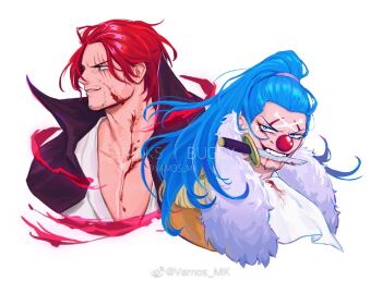 2boys ascot beard blood blood_on_face blue_eyes blue_hair buggy_the_clown clown_nose connected_beard facial_hair knife_in_mouth long_hair multiple_boys one_piece pectorals scar scar_across_eye scar_on_face shanks_(one_piece) short_hair simple_background vamos_mk white_ascot white_background
