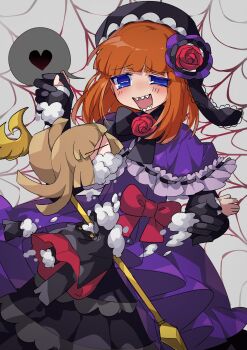Rule 34 | 1girl, absurdres, beret, black hat, black skirt, blue eyes, bow, brown hair, capelet, character doll, commentary, destruction, doll, dress, dress bow, eva beatrice, flower, hat, heart, highres, impaled, ningenimomusi, orange hair, purple capelet, purple dress, red bow, red flower, red rose, rose, sharp teeth, silk, skirt, smile, spider web, spoken heart, staff, stuffing, tearing stuffed toy, teeth, umineko no naku koro ni, untranslatable commentary, ushiromiya rosa, x x