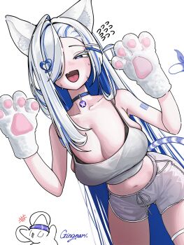 1girl ahoge aludoru animal_ears animal_hands arm_tattoo barcode barcode_tattoo bare_shoulders black_bra blue_choker blue_eyes blue_hair bra breasts camisole cat_ears cat_girl cat_tail choker colored_eyelashes colored_inner_hair commentary dolphin_shorts dutch_angle flying_sweatdrops ging_nari grey_shorts hair_ornament hair_over_one_eye half-closed_eyes heart heart-shaped_pupils heart_hair_ornament highres indie_virtual_youtuber large_breasts leaning_on_object long_hair looking_at_viewer loungewear midriff mole mole_under_eye multicolored_hair navel open_mouth shorts skindentation smile solo spaghetti_strap streaked_hair sweat symbol-only_commentary symbol-shaped_pupils tail tattoo two-tone_hair underwear very_long_hair virtual_youtuber white_camisole white_eyelashes white_hair