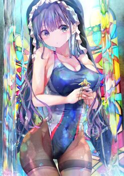 1girl bare_shoulders black_pantyhose black_veil blue_eyes blue_one-piece_swimsuit blush breasts cleavage collarbone commentary_request hair_between_eyes highleg highleg_one-piece_swimsuit highres holding large_breasts long_hair looking_at_viewer ogata_tei one-piece_swimsuit original pantyhose parted_lips purple_hair solo swimsuit veil very_long_hair