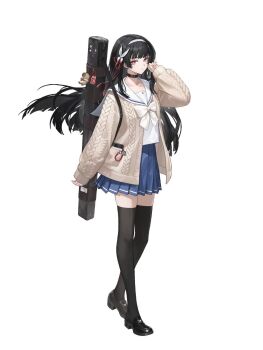 1girl black_choker black_hair black_shoes black_thighhighs blue_skirt bow bright_pupils chisa_(wuthering_waves) choker commentary_request floating_hair full_body hair_ornament hairband hand_up highres jacket loafers long_hair long_sleeves looking_at_viewer official_alternate_costume official_art open_clothes parted_lips red_eyes sailor_collar school_uniform second-party_source shirt shoes simple_background skirt solo standing thighhighs white_background white_bow white_hairband white_pupils white_sailor_collar white_shirt wuthering_waves zettai_ryouiki