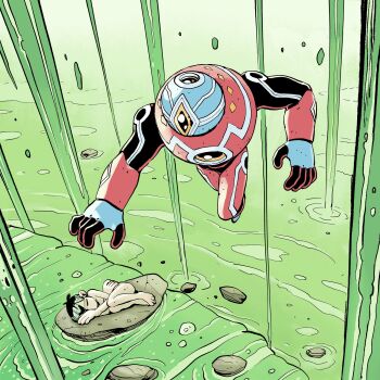 1girl android closed_eyes curled_up day fantasy fetal_position from_above full_body green_water highres liquid lying mecha migamigami nature nude on_rock on_side original outdoors robot rock scenery short_hair water waterfall