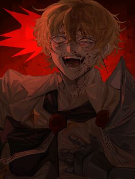 1boy armor ascot blonde_hair blood blood_on_face collared_shirt crazy_eyes crazy_smile cross cross_earrings earrings fangs gauntlets hair_between_eyes highres jewelry limbus_company male_focus meptbey open_mouth pauldrons project_moon shirt short_hair shoulder_armor sinclair_(project_moon) single_earring single_pauldron smile solo teeth uneven_eyes upper_body wax_seal white_shirt yellow_eyes