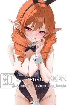 absurdres animal_ears black_bow black_leotard bow bowtie breasts character_request copyright_request detached_collar drill_hair fake_animal_ears grin highres kono_(xerondan321) large_breasts leotard long_hair orange_hair playboy_bunny pointy_ears purple_eyes smile white_background wrist_cuffs