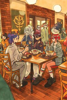 4boys 5girls alternate_costume amate_yuzuriha annqi bag_charm beanie black_hair black_hat blue_hair bowl brick_wall chair challia_bull character_doll charm_(object) chewing chopsticks commentary_request conch conch_(gundam) deux_murasame diner doll eating ensign_(i_can_friday_by_day!) food food_on_face green_hair gundam gundam_gquuuuuux haro hat highres holding holding_chopsticks i_can_friday_by_day! jezzi long_hair long_sleeves multiple_boys multiple_girls non-humanoid_robot nyaan_(gundam_gquuuuuux) on_chair on_head red_eyes restaurant robot shiiko_sugai shiiko_sugai&#039;s_son short_hair shuji_ito sitting table takeuchi_ryousuke white_hair wooden_chair wooden_floor wooden_table zeon