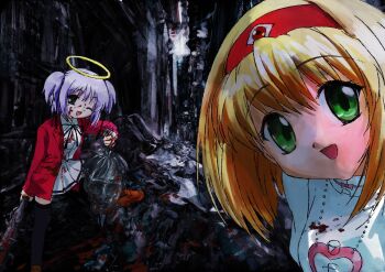 2000s_(style) 2fulun 2girls :d black_thighhighs blonde_hair blood blood_on_face bokusatsu_tenshi_dokuro-chan club club_(weapon) dai_mahou_touge excalibolg faux_retro_artstyle green_eyes hair_between_eyes hairband halo highres jacket kanabou looking_at_viewer mitsukai_dokuro multiple_girls open_clothes open_jacket open_mouth pleated_skirt purple_hair red_hairband red_jacket shirt short_hair skirt smile tanaka_punie thighhighs traditional_halo trash_bag two_side_up weapon white_shirt white_skirt