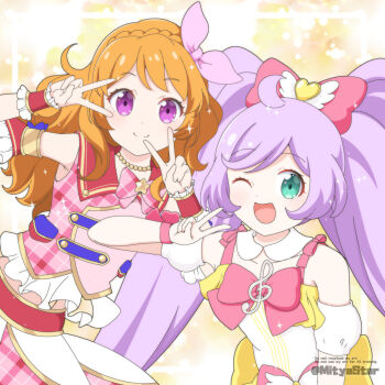 2girls aikatsu!_(series) bow commentary copyright_request detached_sleeves dress green_eyes hair_bow highres idol_clothes long_hair looking_at_viewer manaka_laala mitya multiple_girls one_eye_closed open_mouth ozora_akari pink_bow pretty_series pripara puffy_detached_sleeves puffy_sleeves purple_eyes purple_hair smile treble_clef twintails v