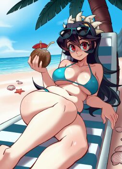 1girl artist_name beach bikini black_hair blue_bikini blue_sky breasts breasts_apart chair closed_mouth coconut collarbone commentary drinking_straw english_commentary eyewear_on_head feet_out_of_frame filia_(skullgirls) hair_between_eyes highres horizon large_breasts long_hair looking_at_viewer lounge_chair navel ocean palm_tree parta_228 plump red_eyes samson_(skullgirls) sand shadow shell sidelighting skullgirls sky starfish sunglasses swimsuit thick_thighs thighs toon_(style) tree twitter_username