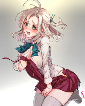 1girl blue_neckwear breasts cleavage commentary_request cosplay dress green_eyes grey_hair grey_thighhighs hair_tie kantai_collection kinugasa_(kancolle) long_hair long_sleeves medium_breasts one_side_up open_clothes open_mouth pleated_dress purple_dress ribbon shirt signature solo thighhighs white_shirt youmou_usagi yuugumo_(kancolle) yuugumo_(kancolle)_(cosplay)