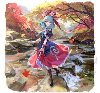 1girl autumn_leaves boots bow dress frilled_ribbon frills front_ponytail full_body game_asset gesoking green_eyes green_hair hair_bow hair_ribbon kagiyama_hina lace-up_boots leaf nature non-web_source official_art red_dress ribbon river self-datamine simple_background solo touhou touhou_arcadia_record transparent_background tree wrist_ribbon