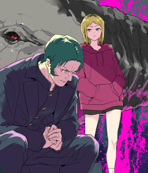 Rule 34 | 1boy, 1girl, absurdres, blonde hair, chainsaw man, commentary request, frown, green hair, hands in pockets, highres, hood, hoodie, jacket, katana man (chainsaw man), looking at viewer, miman, multicolored hair, own hands together, pants, red eyes, red hoodie, roots (hair), sawatari akane (chainsaw man), short hair, shorts, sideburns, signature, sitting, slit pupils, socks, splatter background, standing