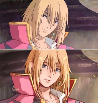 1boy artist_name bad_id bad_twitter_id blonde_hair blue_eyes cape clivenzu closed_mouth commentary derivative_work earrings english_commentary graphite_(medium) highres howl_no_ugoku_shiro howl_pendragon jewelry looking_at_viewer male_focus mixed_media red_cape reference_work screencap smile solo traditional_media twitter_username