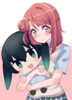 1girl black_hair blue_shirt blue_skirt blush brown_eyes brown_hair brown_vest commentary_request cream_(nipakupa) gradient_hair green_eyes green_hair hair_bun hair_ornament hairclip holding holding_stuffed_toy hug love_live! love_live!_nijigasaki_high_school_idol_club multicolored_hair neck_ribbon nijigasaki_school_uniform open_mouth plaid_clothes plaid_skirt red_ribbon ribbon school_uniform shirt single_hair_bun skirt smile stuffed_toy takasaki_yu twintails uehara_ayumu vest