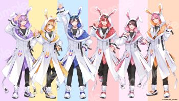 6+boys :d animal_hood animal_print ankle_boots antennae arm_up belt black_choker black_hair black_headband black_pants black_shirt blonde_hair blue_background blue_coat blue_eyes boots brown_hair chocolate_rabbits choker closed_mouth coat color_coordination column_lineup_background copyright_notice crew_neck double-parted_bangs eyewear_on_head fake_antennae fenikuro finger_heart full_body green_eyes grin hair_between_eyes hair_ornament hairband hairclip hand_in_pocket hand_on_own_chest hand_on_own_hip headband highres hood hood_up hooded_coat kani-chan l_hand lineup looking_at_viewer maitake_(chocolate_rabbits) male_focus matching_outfits multiple_boys offering_hand official_art one_eye_closed open_mouth orange_background orange_coat orange_eyes padded_coat pants pink_background pink_coat pink_eyes pink_hair pokekamen purple_background purple_coat purple_eyes purple_hair rabbit_hair_ornament rabbit_hood rabbit_print red_background red_coat red_eyes red_hair red_hairband sakura-kun sakura_moyon salute sample_watermark shirt short_hair smile standing star_(symbol) star_hair_ornament sunglasses swept_bangs two-sided_coat two-sided_fabric v-shaped_eyebrows w watermark white_belt white_boots white_coat yellow_background yellow_coat yupekun