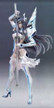 1girl 3d armor armpits black_hair blue_eyes boots breasts cameltoe cleavage covered_erect_nipples female_focus high_heel_boots high_heels highres katana kill_la_kill kiryuuin_satsuki large_breasts leslyzerosix long_hair looking_to_the_side pauldrons profile sheath shoulder_armor solo sword thigh_boots thighhighs unsheathing weapon