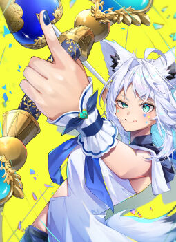 Rule 34 | 1girl, absurdres, ahoge, amesui, animal ear fluff, animal ears, aqua eyes, aqua hair, blue nails, blue neckerchief, blush, bow (weapon), closed mouth, colored inner hair, commentary request, fingernails, fox ears, fox girl, highres, holding, holding bow (weapon), holding weapon, hololive, long hair, looking at viewer, multicolored hair, nail polish, neckerchief, shirakami fubuki, shirakami fubuki (1st costume), shirt, sleeveless, sleeveless shirt, smile, solo, tongue, tongue out, very long hair, virtual youtuber, weapon, white hair, white shirt, white wrist cuffs, wrist cuffs, yellow background