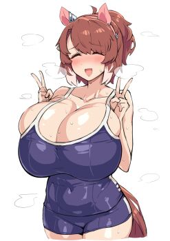 1girl :d ^_^ absurdres alternate_breast_size_(larger) animal_ears blue_one-piece_swimsuit breasts brown_hair cleavage closed_eyes collarbone commentary_request dantsu_flame_(umamusume) double_v ear_covers highres horse_ears horse_girl horse_tail huge_breasts one-piece_swimsuit open_mouth short_hair simple_background smile solo sweat swimsuit tail tracen_swimsuit umamusume v white_background yuki_usagi_(agtd5758)