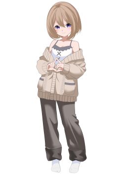 1girl absurdres bare_shoulders blanc_(neptunia) blue_eyes brown_hair brown_pants choujigen_game_neptune commentary english_commentary four_goddesses_online:_cyber_dimension_neptune gekijigen__blanc_+_neptune_vs_zombie_gundan highres light_smile looking_at_viewer loungewear neptune_(series) pants short_hair simple_background xueli_shimazaki