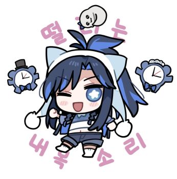 animal_ear_hairband animal_ears blue_hair boros_(ouro_kronii) bow cat_ear_hairband cat_ears chibi clipe fake_animal_ears hairband hat hololive hololive_english kronie_(ouro_kronii) long_hair looking_at_viewer maid_headdress multicolored_hair navel one_eye_closed open_mouth ouro_kronii ponytail smile streaked_hair top_hat virtual_youtuber way_2_u_(ouro_kronii)