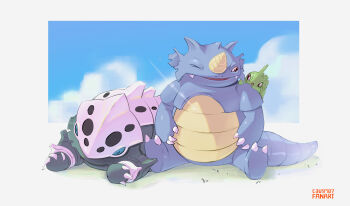 absurdres artist_name blue_eyes blue_sky causmo7 cloud colored_skin day gen_1_pokemon gen_2_pokemon gen_3_pokemon green_skin grey_skin highres lairon larvitar nintendo no_humans one_eye_closed outdoors pokemon pokemon_(creature) rhydon sitting sky tail