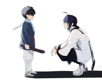 1boy 1other absurdres aged_down ahoge black_hair blue_kimono braid closed_mouth fate/samurai_remnant fate_(series) hair_over_eyes hair_over_shoulder highres holding japanese_clothes kimono long_sleeves looking_at_another miyamoto_iori_(fate) ninjin_(ne_f_g_o) sandals scarf smile squatting white_scarf yamato_takeru_(fate)