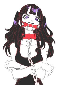 1girl bit_gag blunt_bangs boby_oreon bone bone_gag chain chain_leash collar crossed_arms female_focus gag gagged highres leash long_hair looking_at_viewer original purple_eyes red_collar saliva saliva_trail simple_background solo standing two_side_up white_background