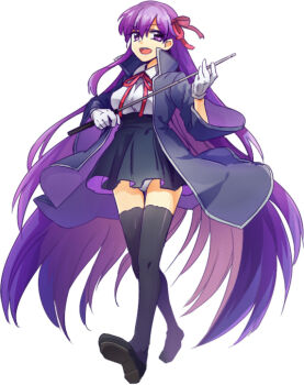 10s 1girl bad_id bad_pixiv_id bb_(fate) bb_(fate/extra) black_thighhighs fate/extra fate/extra_ccc fate_(series) female_focus gloves hair_ribbon long_hair open_mouth purple_eyes purple_hair ribbon riding_crop ruchi solo switch thighhighs very_long_hair walking white_gloves