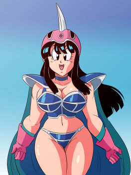 1girl armor bikini_armor black_eyes black_hair breasts chi-chi_(dragon_ball) cloak dragon_ball dragon_ball_(classic) dragonball_z female_focus funsexydragonball gloves green_cloak green_gloves helmet highres large_breasts looking_at_viewer mature_female navel open_mouth panties pink_gloves shiny_skin shiny_swimsuit sky smile solo underwear waistband wide_hips