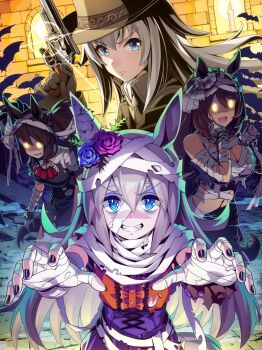 4girls absurdres animal_ears artist_request ascot bandaged_ear bandaged_head bandages bat_(animal) black_dress black_nails blue_dress blue_eyes blue_flower blue_rose breasts brick_wall brown_coat brown_hair brown_hat center_frills claw_pose closed_mouth coat diffraction_spikes dress ear_scrunchie eisei_sankyou_(umamusume) fang fedora flower frills frown game_cg gloves glowing glowing_eyes grey_gloves grey_hair grin gun hair_flower hair_ornament halloween halloween_costume hand_on_own_face handgun hat high-waist_skirt highres holding holding_gun holding_weapon horse_ears horse_girl horse_tail inari_one_(umamusume) large_breasts leaning_forward long_hair looking_at_viewer medium_hair multiple_girls navel official_alternate_costume official_art oguri_cap_(umamusume) orange_shirt purple_flower purple_rose purple_skirt red_ascot revolver rose shirt skin_fang skirt sleeveless sleeveless_shirt smile standing super_creek_(chiffon-wrapped_mummy)_(umamusume) super_creek_(umamusume) tail tamamo_cross_(beware!_halloween_night!)_(umamusume) tamamo_cross_(umamusume) torn_clothes torn_dress trench_coat trigger_discipline twintails umamusume weapon